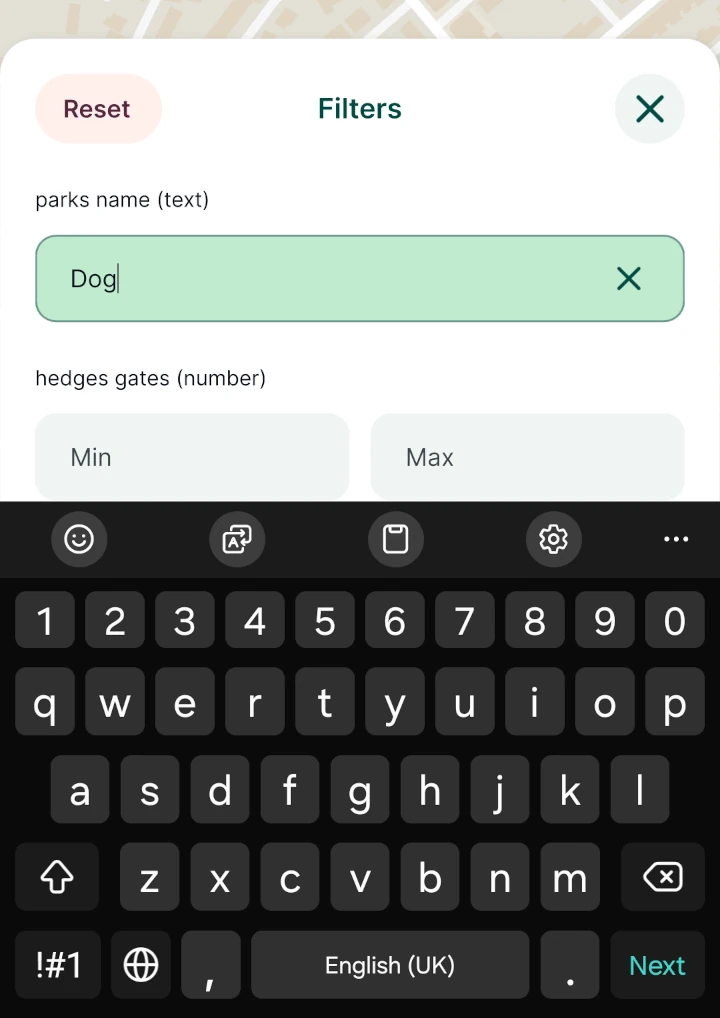 Mergin Maps mobile app Text filter