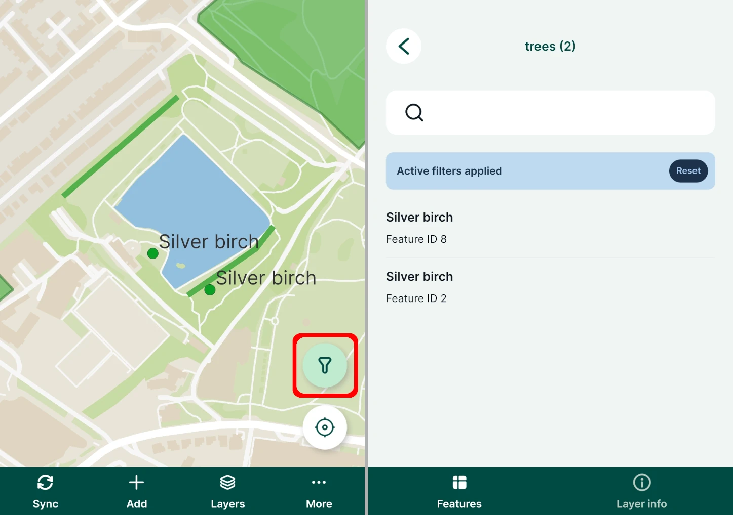 Active filter in Mergin Maps mobile app