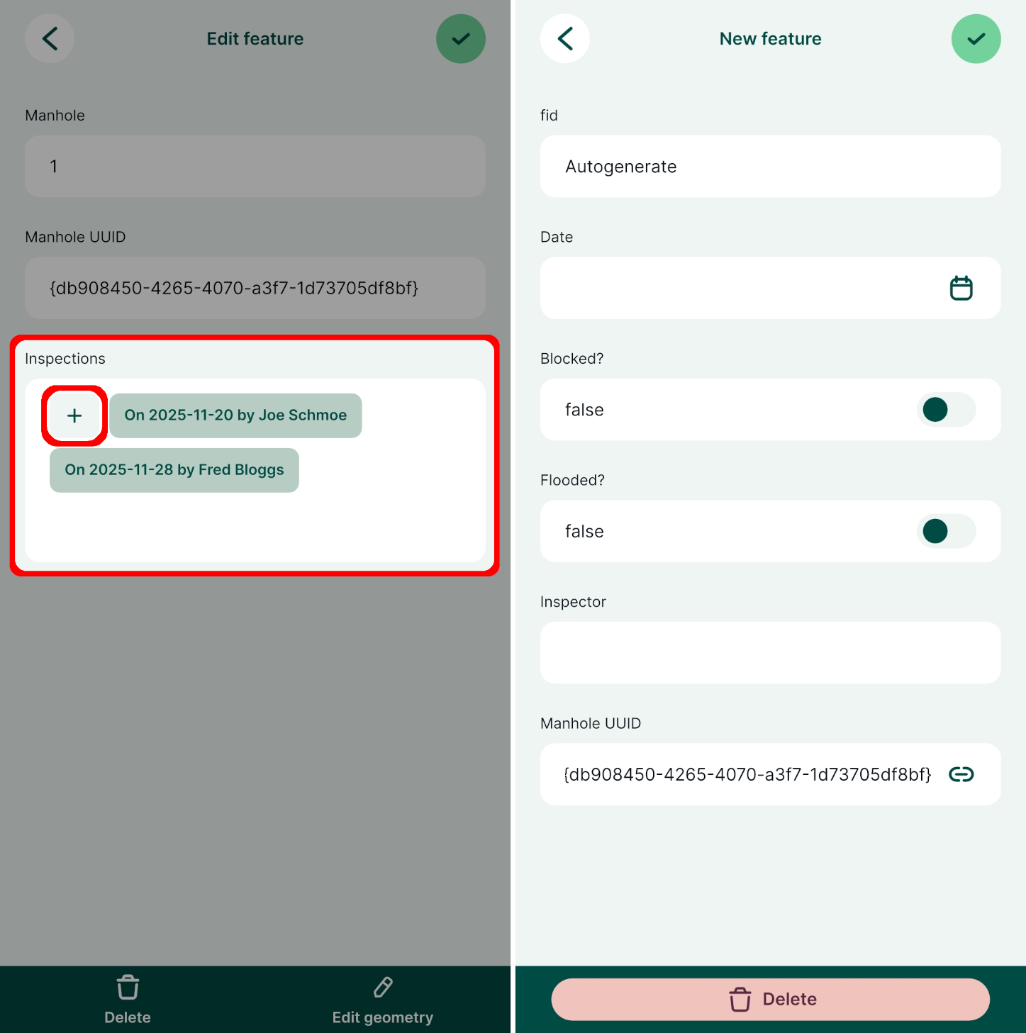 Form view of a feature with 1-N relation in Mergin Maps mobile app Form view of a feature with 1-N relation in Mergin Maps mobile app