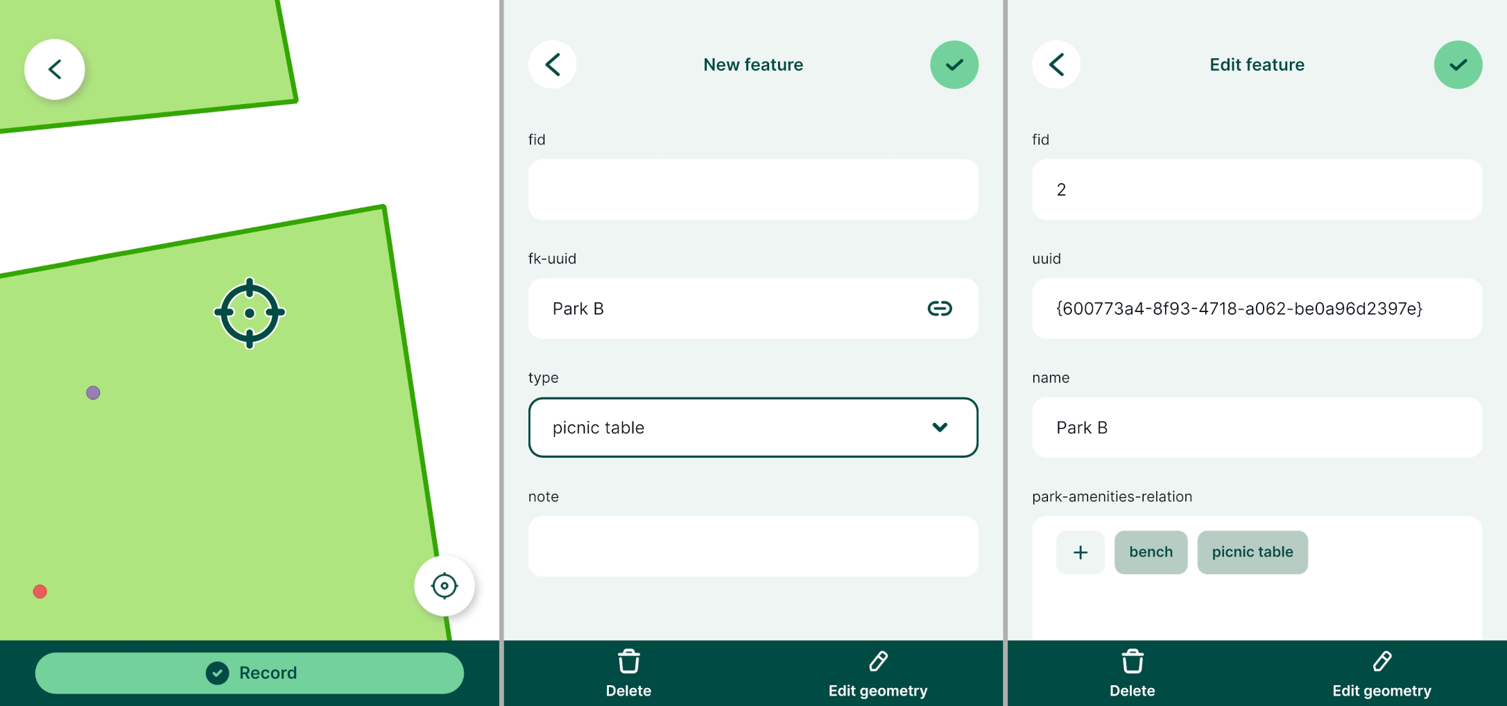 Mergin Maps mobile app relation widget added child feature