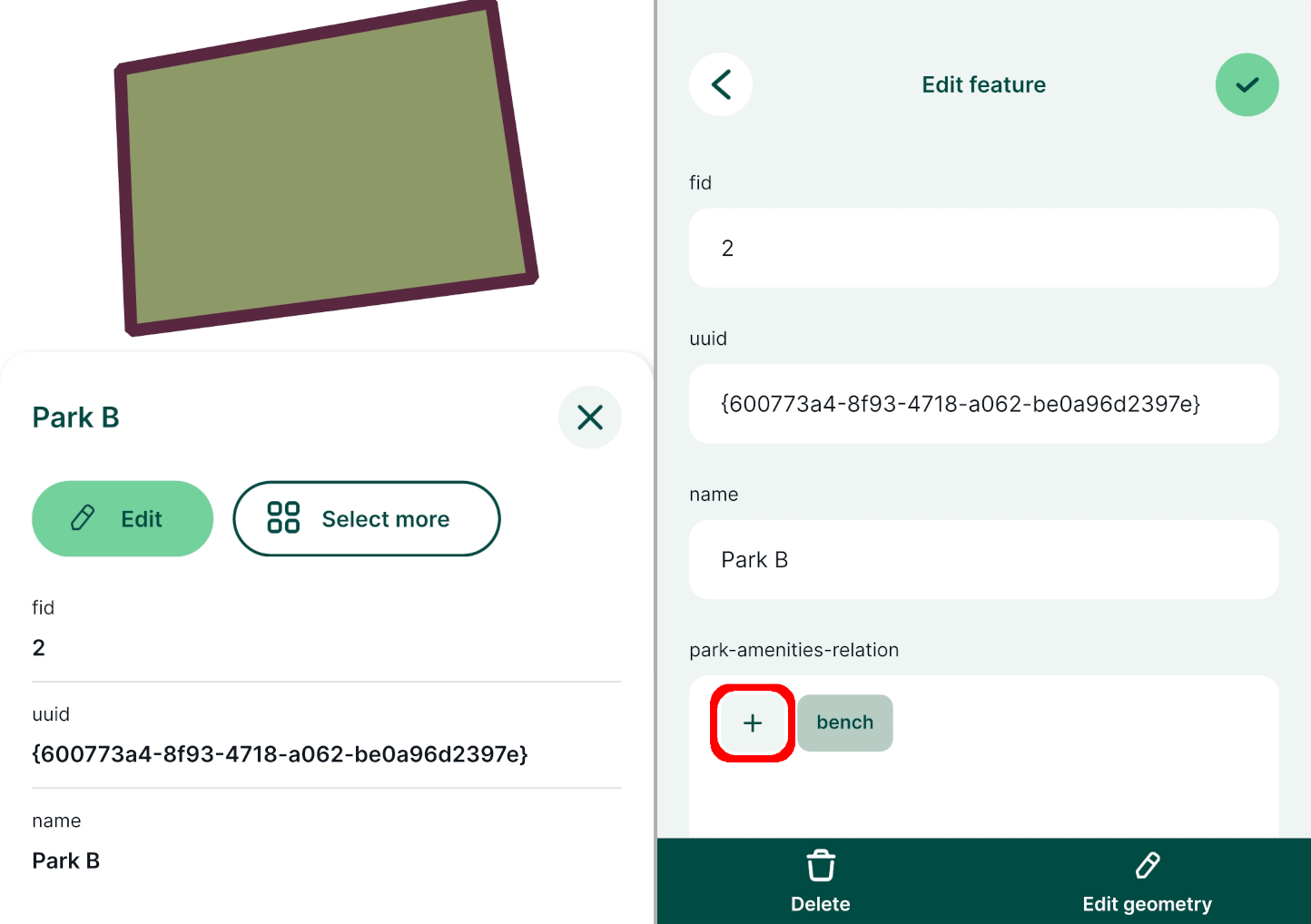 Mergin Maps mobile app relation widget