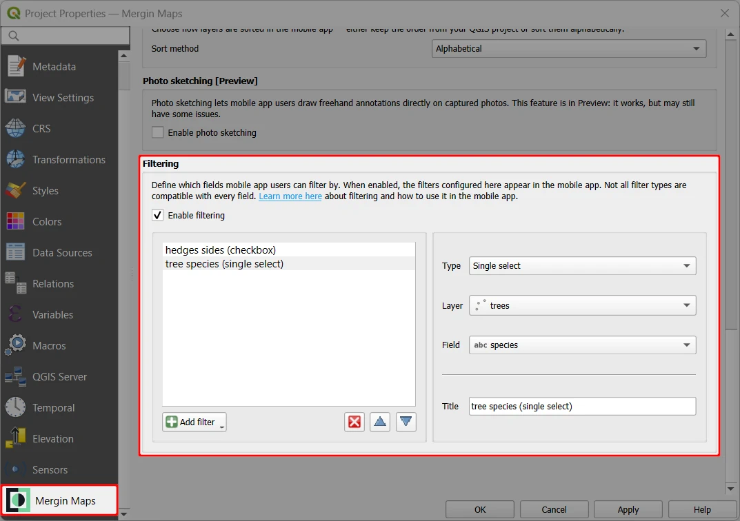 Enable filtering in QGIS Mergin Maps project