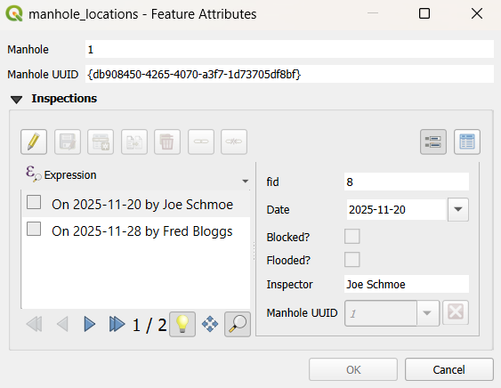 Form view of a feature with 1-N relation in QGIS Form view of a feature with 1-N relation in QGIS