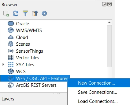 QGIS Browser Panel New WFS/OGC API Features connection QGIS Browser Panel New WFS/OGC API Features connection