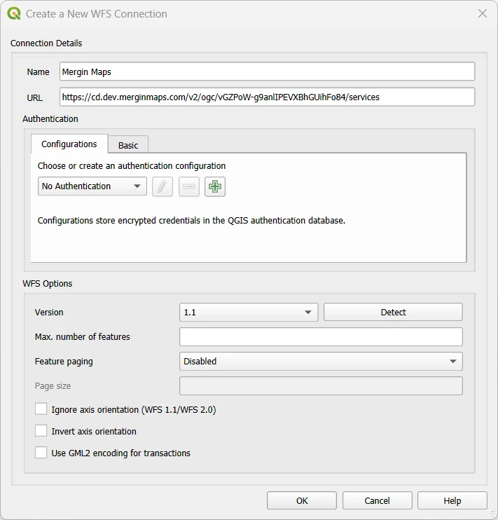 QGIS New WFS connection