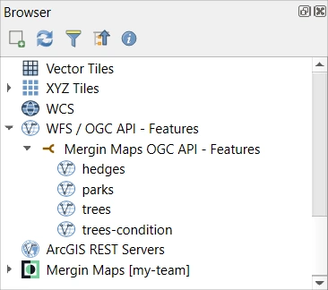 QGIS connected OGC API Features layers QGIS connected OGC API Features layers