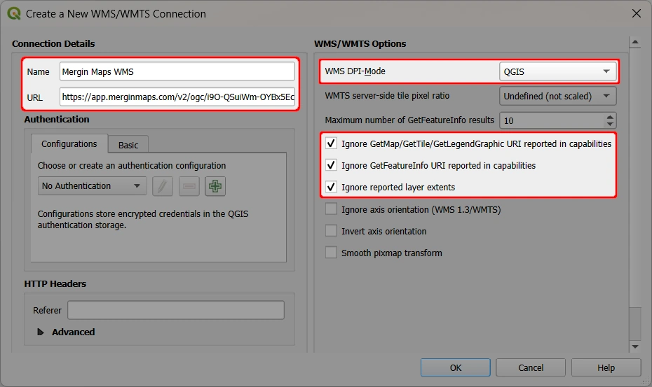 QGIS New WMS/WMTS connection QGIS New WMS/WMTS connection