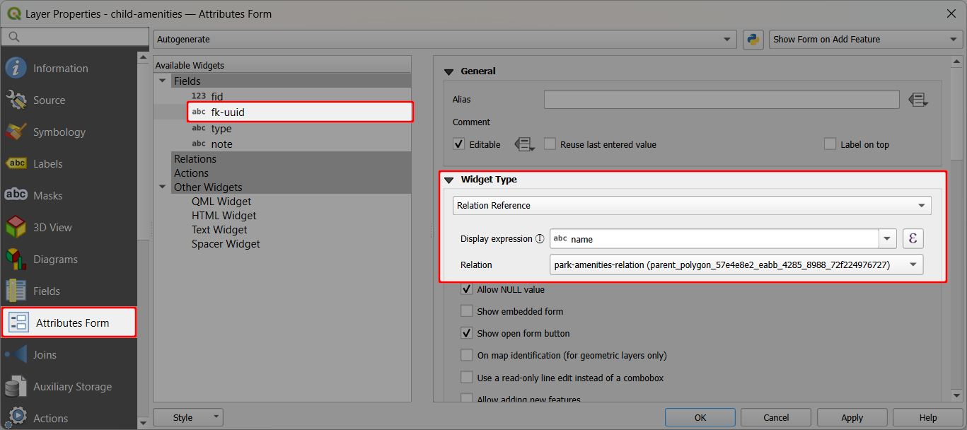 QGIS attributes form relation reference setup