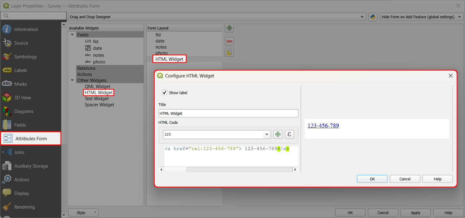 QGIS Attributes form HTML widget with phone call link QGIS Attributes form HTML widget with phone call link