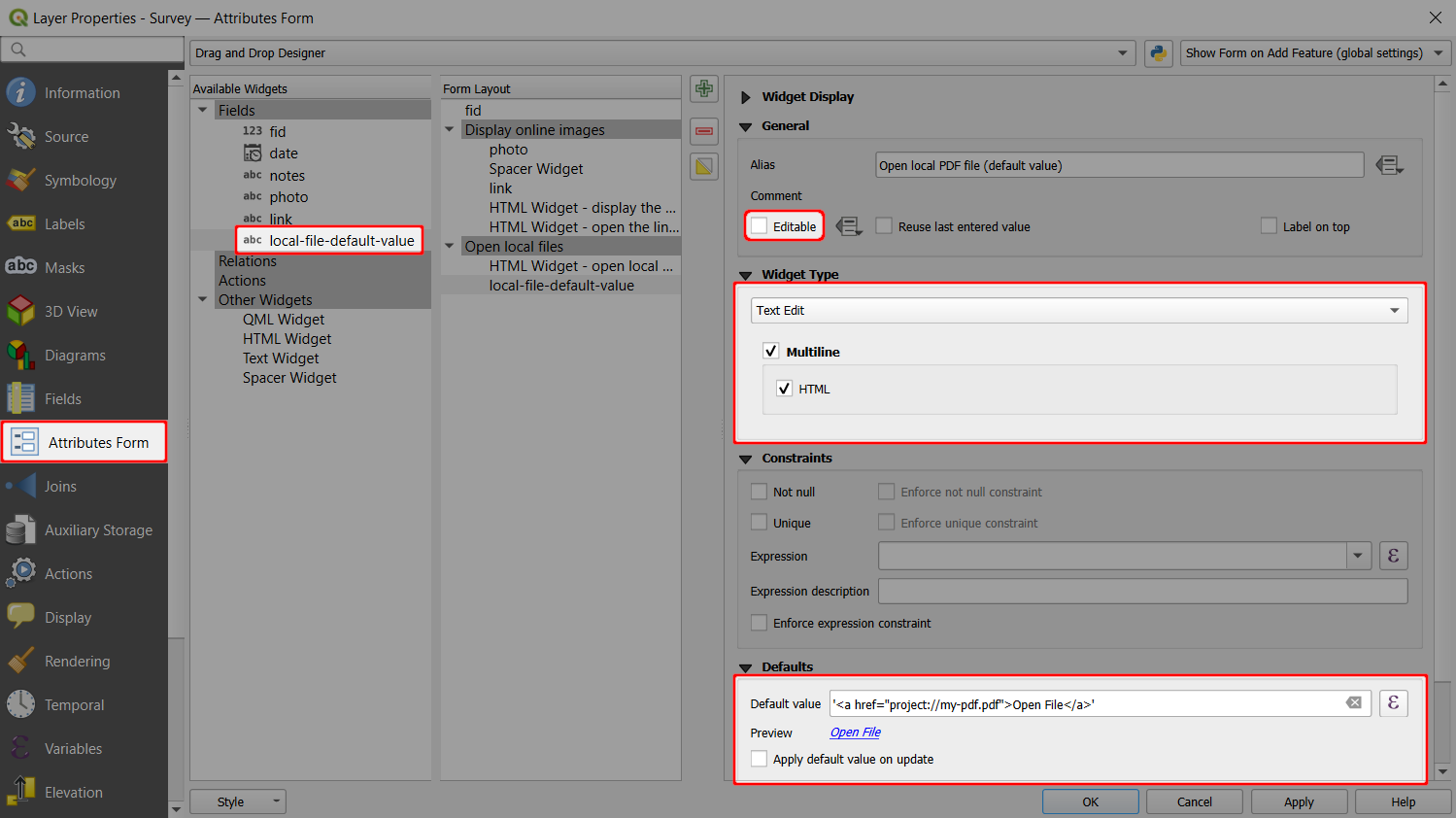 QGIS attributes form open local file