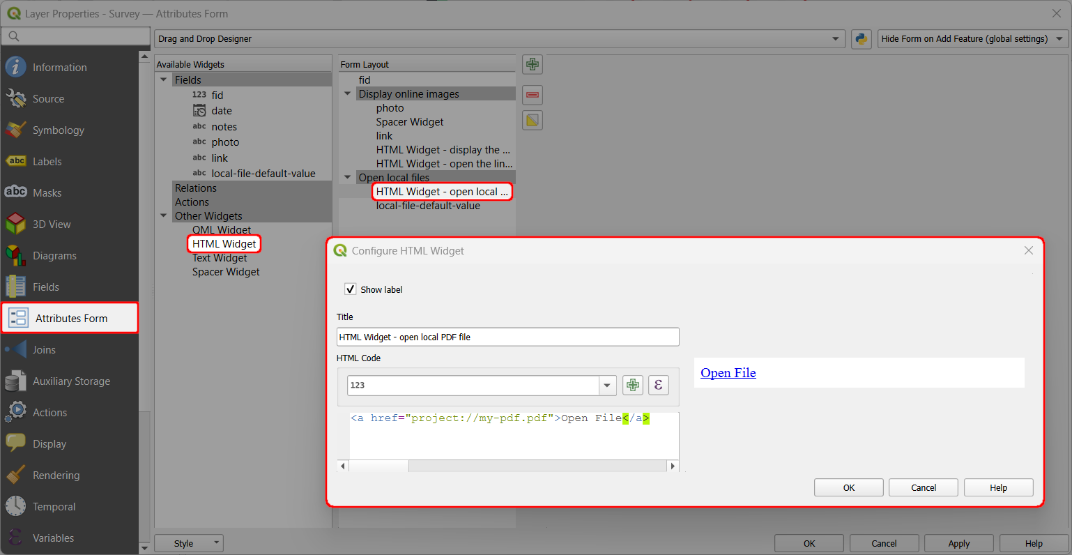 QGIS attributes form open local file using HTML widget