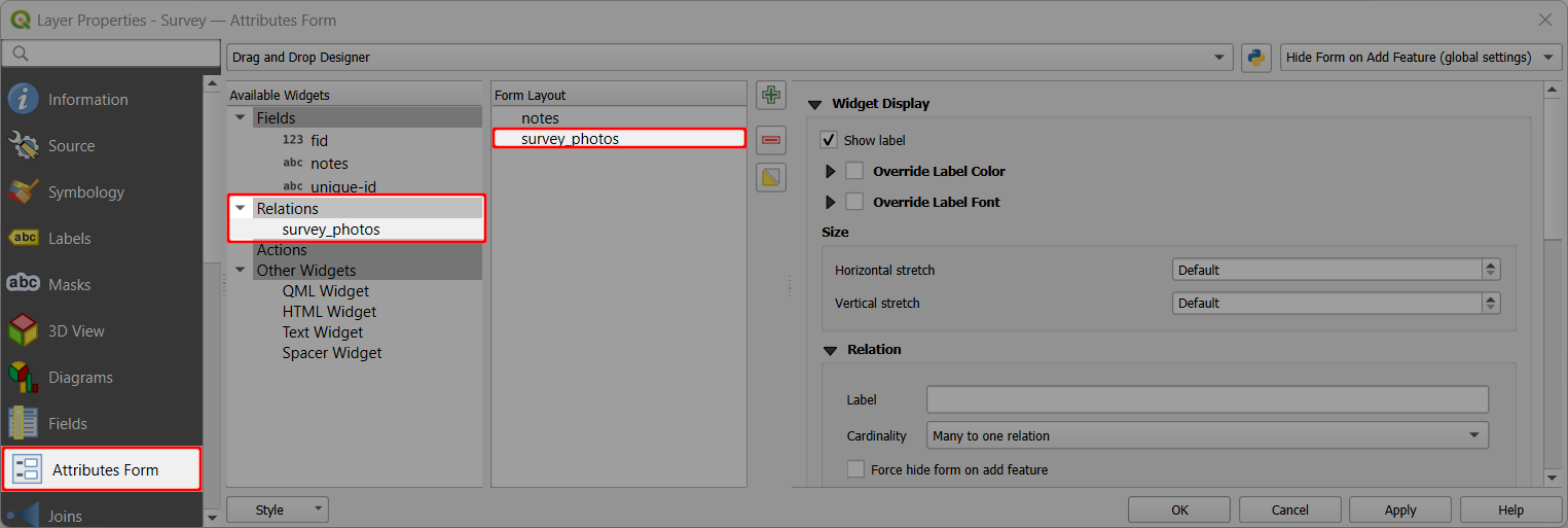Photo relation widget in QGIS attributes form Photo relation widget in QGIS attributes form