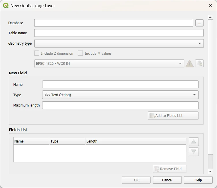 QGIS New GeoPackage Layer