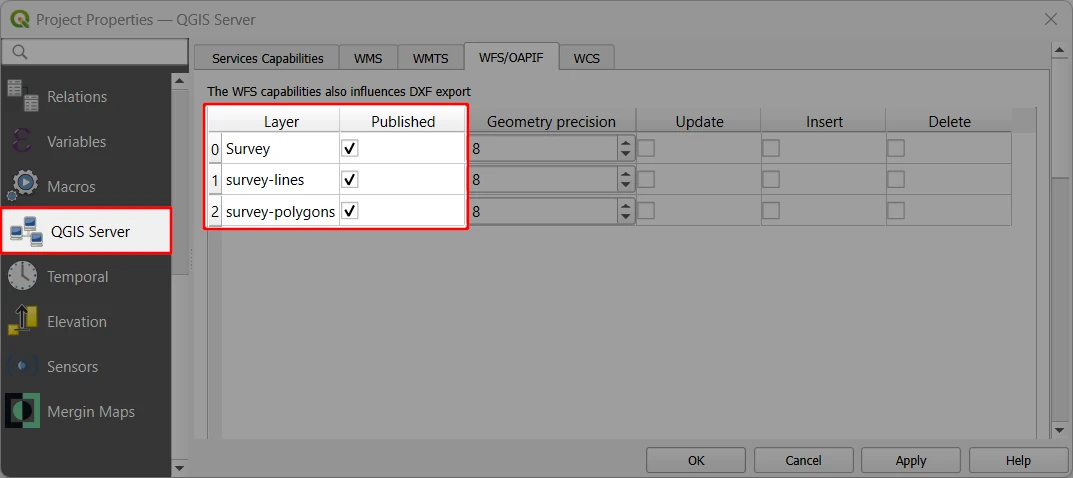 QGIS server tab in Project Properties