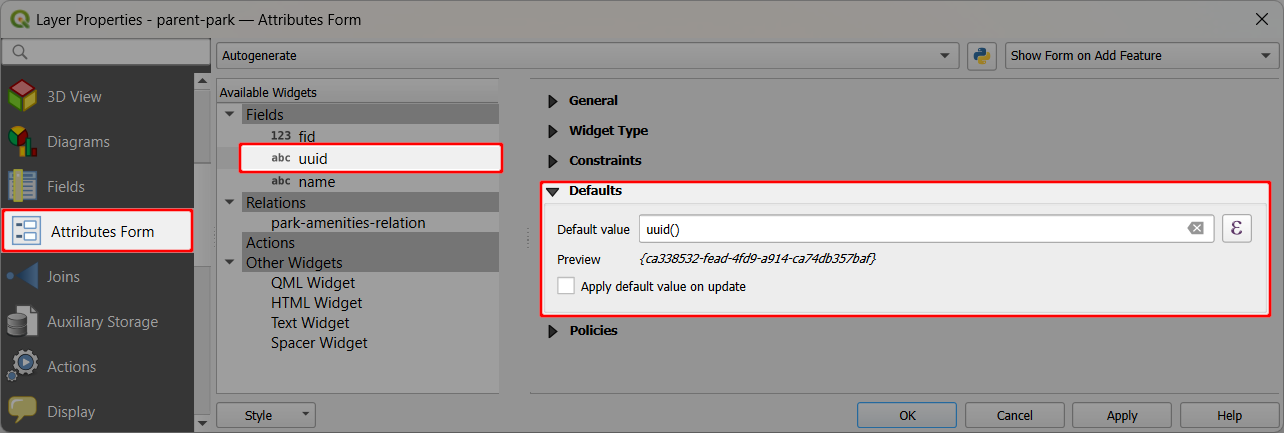 UUID as default value in Attributes Form